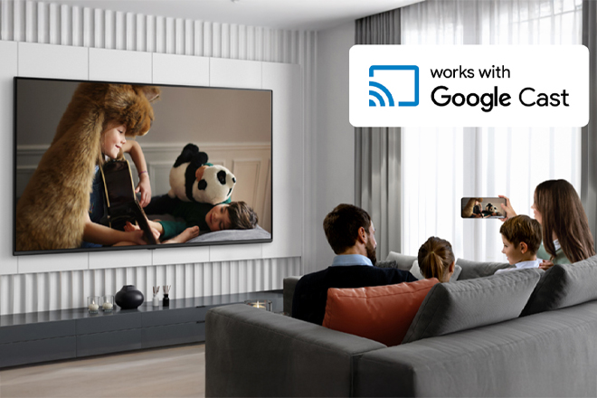 This image shows hotel guests streaming content from their smartphone to the in-room hotel TV.