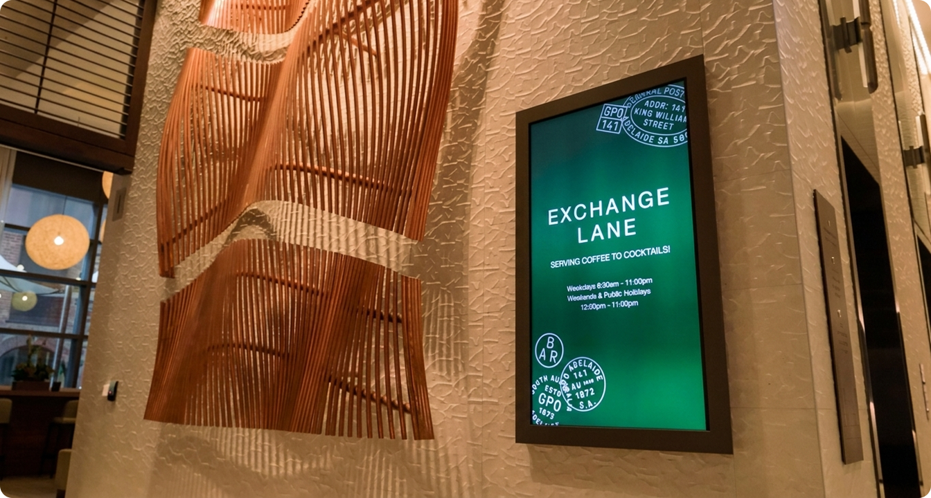 LG commercial display signage installed in the lobby of Adelaide Marriott Hotel.