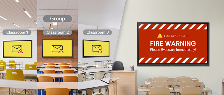 One major advantage of LG ConnectedCare (DMS License) is the ability for administrators to send real-time emergency warning messages to multiple LG CreateBoards or digital signage screens in schools. This image demonstrates that capability.