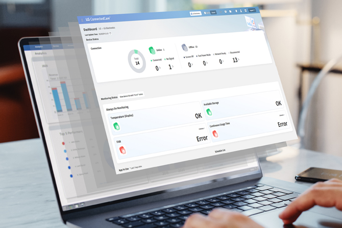 This is an image of a laptop displaying the LG ConnectedCare (DMS License) dashboard.