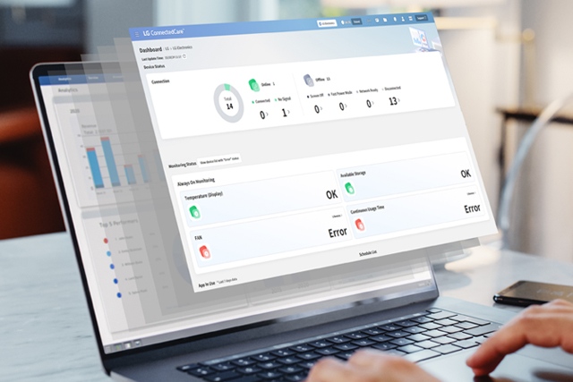 This is an image of a laptop displaying the LG ConnectedCare (DMS License) dashboard.