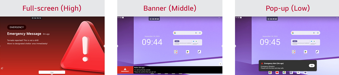 Using CAP settings, emergency alarms or warnings are automatically sent to devices during disasters. Based on the urgency and severity, the messages are displayed in full screen, centered, or at the bottom of the screen. This image illustrates such a scenario.