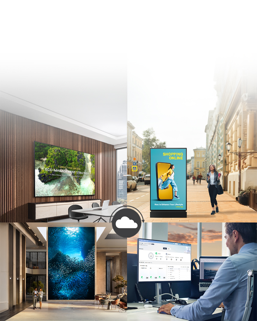 This is an example image featuring an administrator monitoring and managing indoor and outdoor digital signage using the LG ConnectedCare solution.