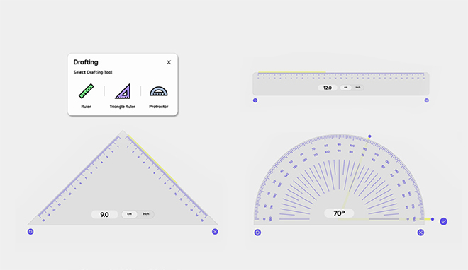 Demonstration of LG CreateBoard Lab’s digital ruler and protractor in use.