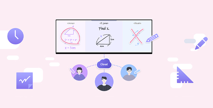 An illustration showing a teacher and students exchanging real-time feedback on math problems using the shared board.