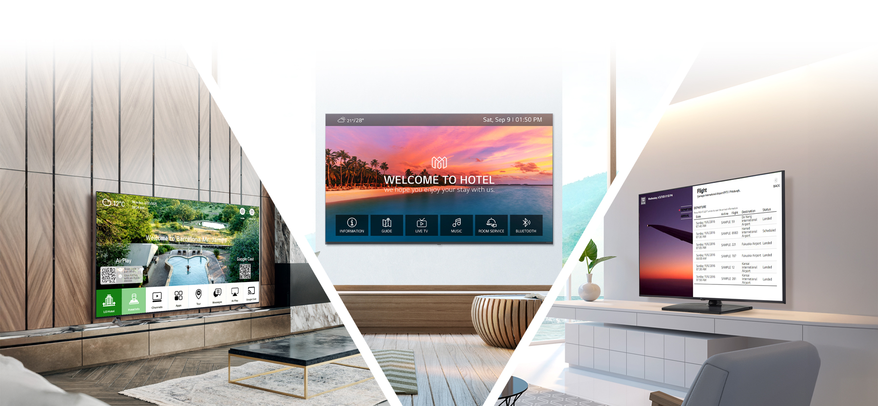 LG Pro:Centric Cloud is a content management solution specialized for hotels, allowing different content to be set and distributed to each room. This image shows three individual guest rooms displaying different content, with each hotel TV screen showing personalized welcome messages or flight schedules.