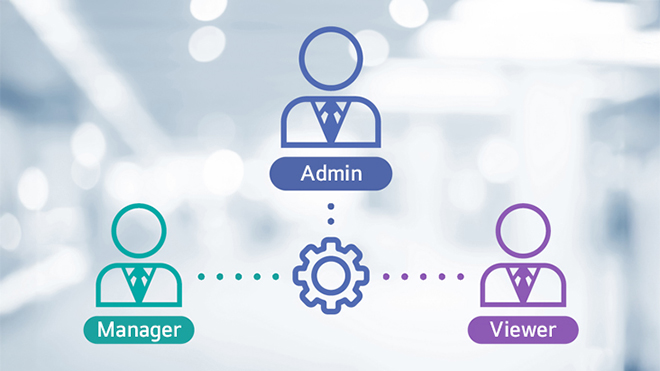 Accounts are managed by assigning permissions based on roles, including Administrator, Manager, and Viewer.